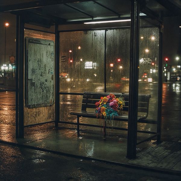 STILL WAITING, THE 28 NEVER CAME (probable; rainy bus shelter)